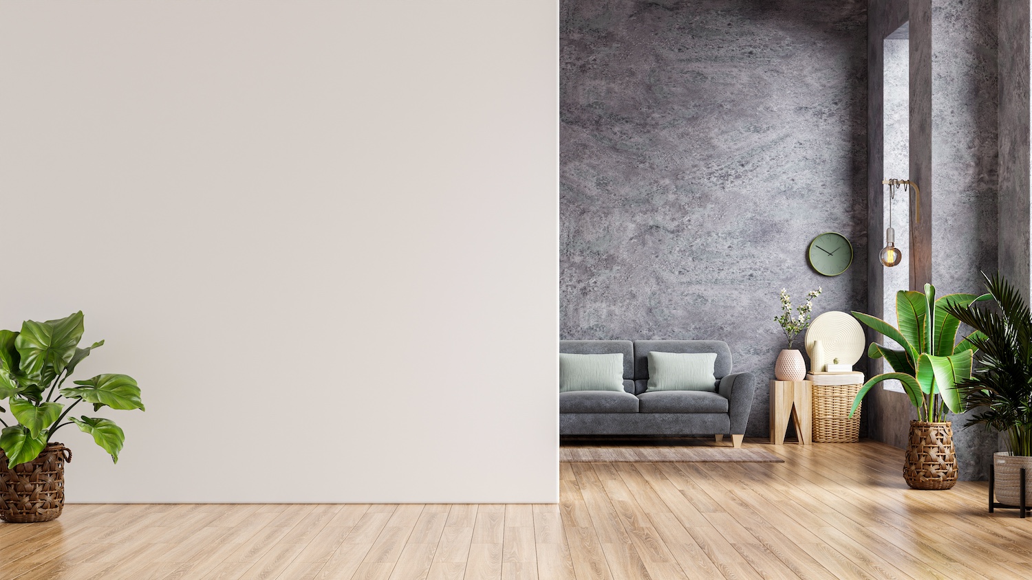 Mockup white wall in loft style house with sofa and accessories in the room.