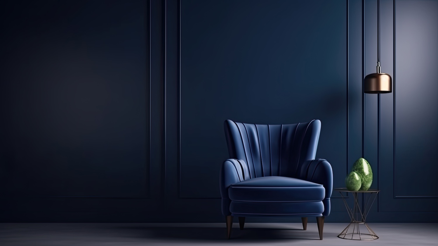 Blue armchair against blue wall in living room interior. Elegant interior design with copy space. Ai generative